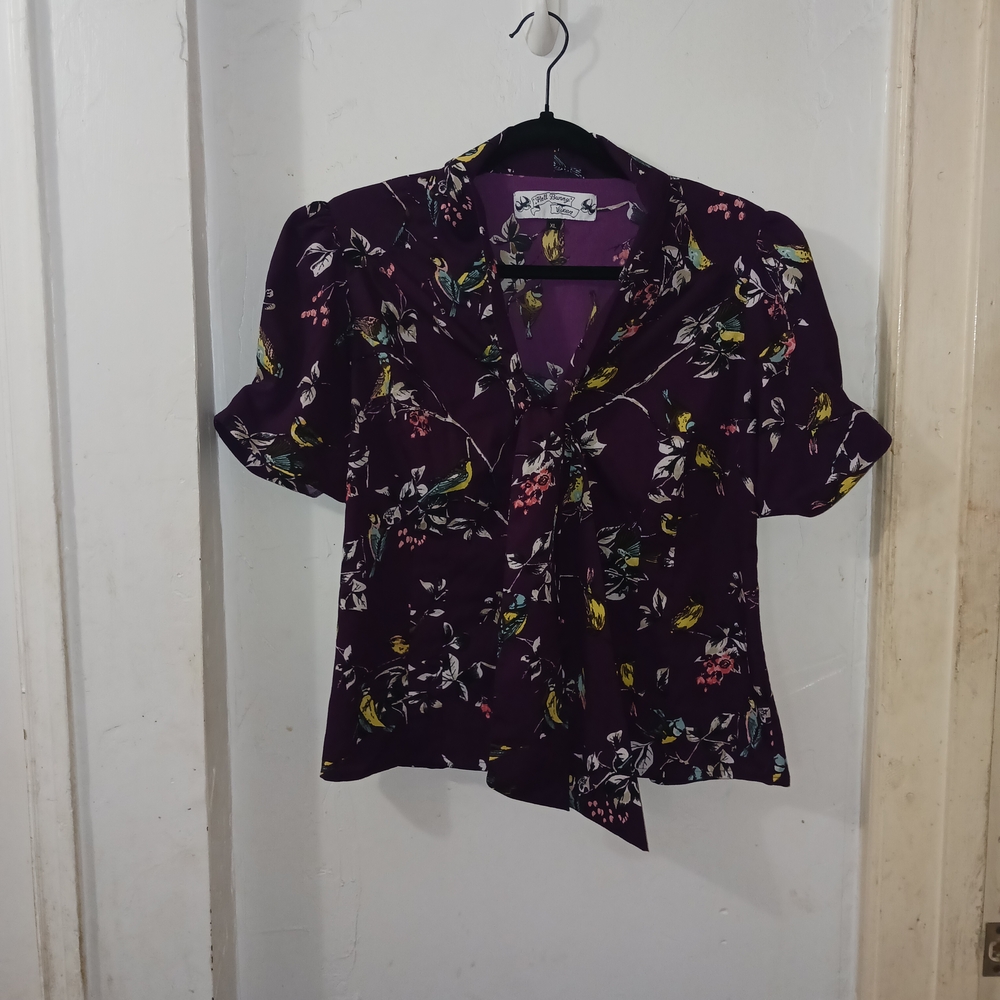 Hell Bunny Purple Tie Front Fitted Blouse